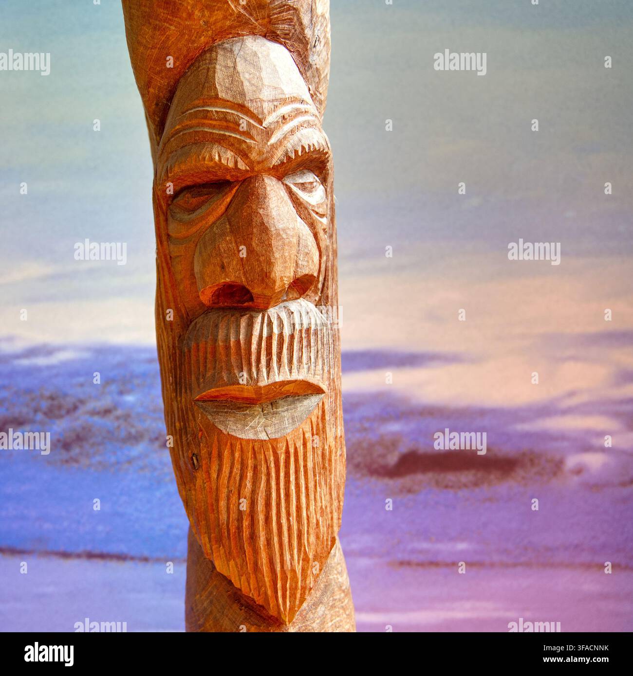 Sculpture détaillée sur poteau totem en bois représentant un visage avec une moustache et une barbe sur un fond légèrement flou. Banque D'Images