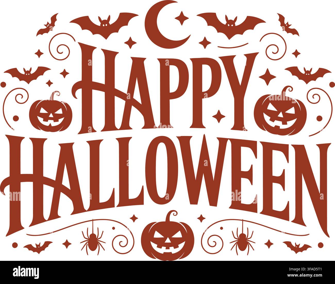 Carte de vœux Halloween vibrante avec un texte audacieux disant 'Happy Halloween' entouré de citrouilles ludiques, de chauves-souris et d'étoiles sur un fond blanc isolé Illustration de Vecteur