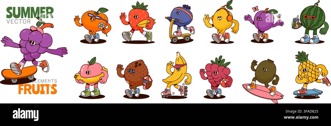 Fruits amusants. Personnages de fruits d'été. Mascotte de nourriture en dessin animé. Baie juteuse mignonne et comique, mytille émotive, raisin, noix de coco, kiwi avec visage. Vecteur funky Illustration de Vecteur