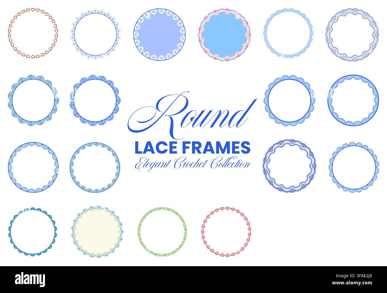 Cadre rond en dentelle bleu, rouge, vert avec bordures en crochet festonnées, chaînes en forme de cœur, garnitures en forme de couronne feuillue sur fond blanc pour invitations de mariage, cartes artisanales, designs d'étiquettes de papeterie imprimables. Illustration de Vecteur