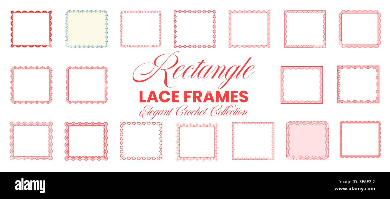 Cadre en dentelle rectangulaire en rouge, rose, bleu avec bordures en crochet festonnées, chaînes en forme de cœur, motifs feuillus sur fond blanc pour invitations de mariage, cartes artisanales, designs d'étiquettes de papeterie à imprimer. Illustration de Vecteur