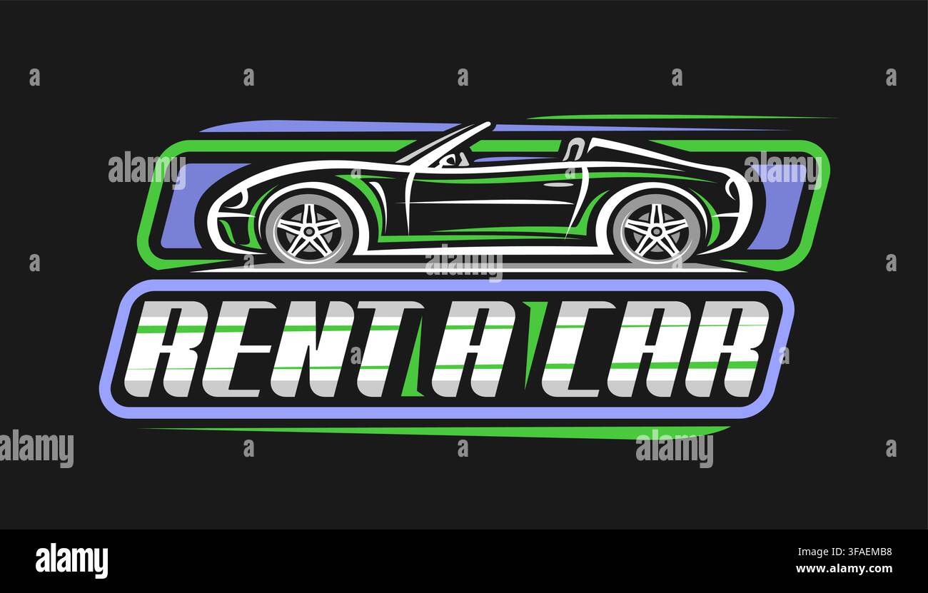 Logo vectoriel pour location de voiture, tableau horizontal avec dessin au trait d’un cabriolet moderne, panneau automobile avec clipart vert d’un cabriolet Illustration de Vecteur