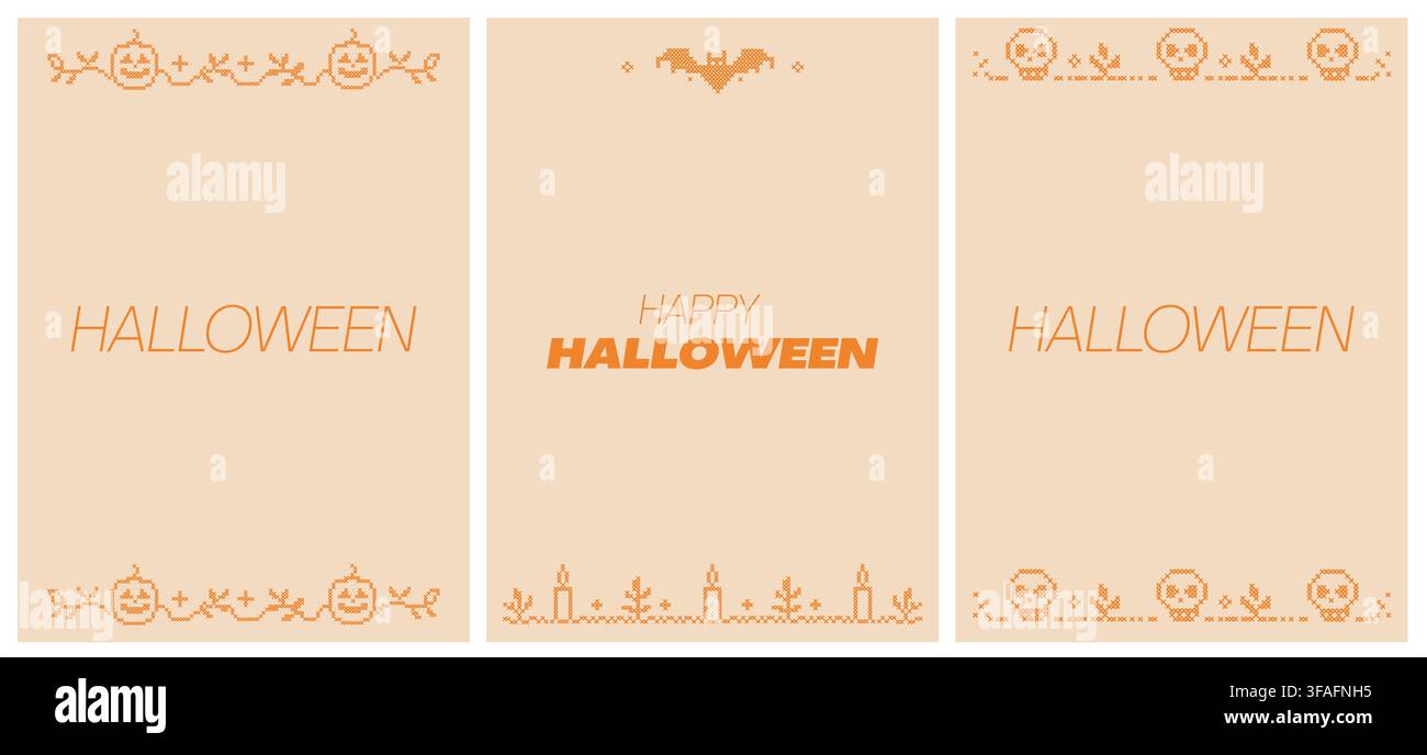 Modèle de carte de vœux d’Halloween au point de croix. Arrière-plans d’art populaire de broderie effrayants. Layouts d’invitations numériques avec bordures de citrouille, chauve-souris et crâne Illustration de Vecteur