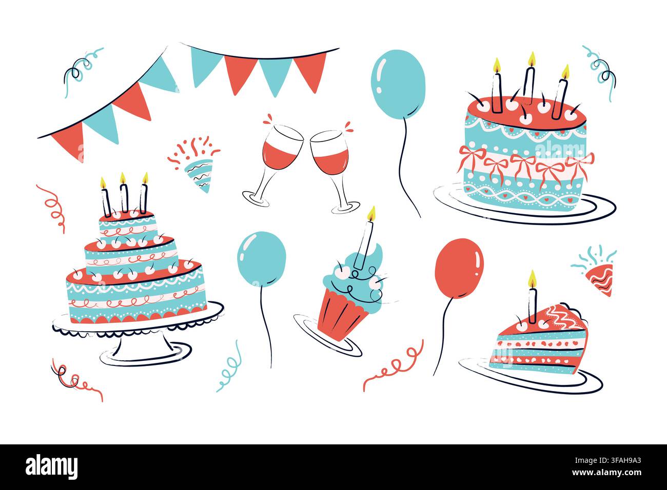 Ensemble de fête d'anniversaire dessiné à la main avec des gâteaux, des ballons et des verres à vin Illustration de Vecteur
