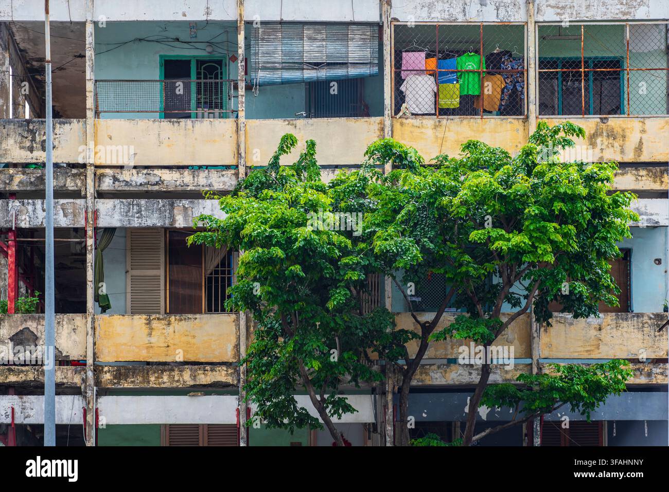 Un immeuble d'appartements usé à Ho Chi Minh Ville avec de la peinture écaillée, du linge coloré accroché aux balcons et un arbre verdoyant poussant devant Banque D'Images