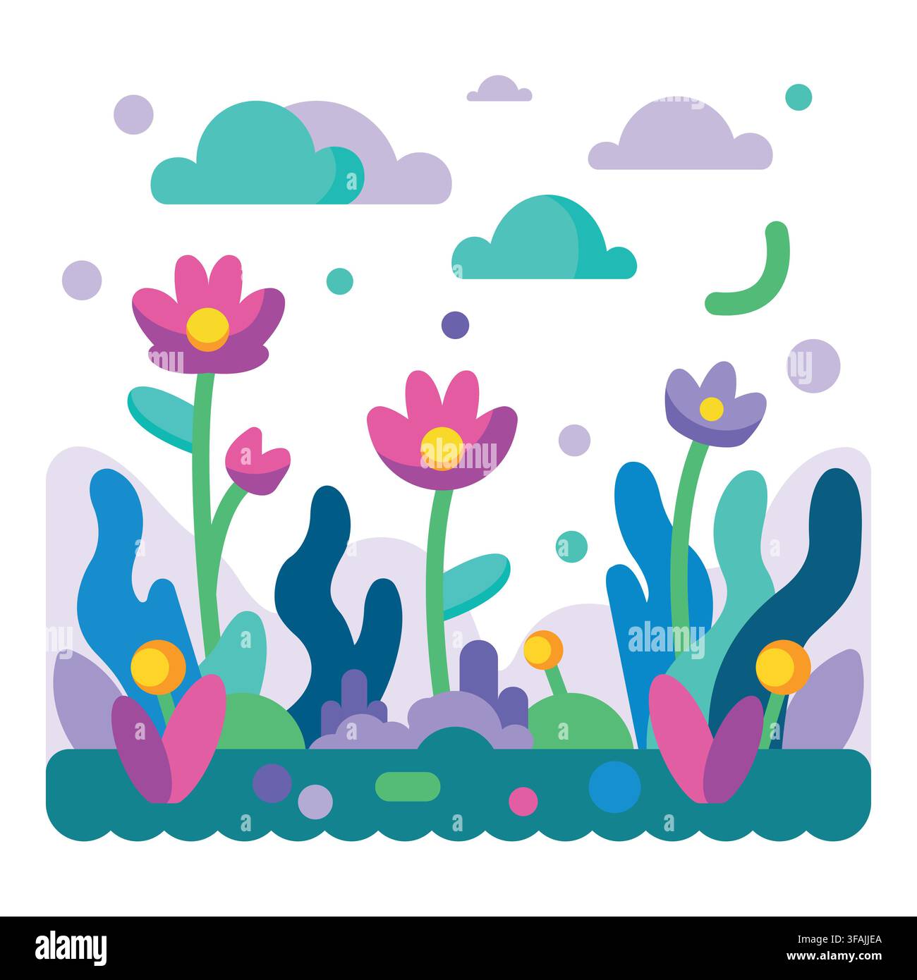 Prairie de jardin vibrante remplie de fleurs roses et violettes en fleurs, d’un feuillage bleu luxuriant et de nuages doux flottant dans le ciel. Idéale pour la conservation de la nature Illustration de Vecteur