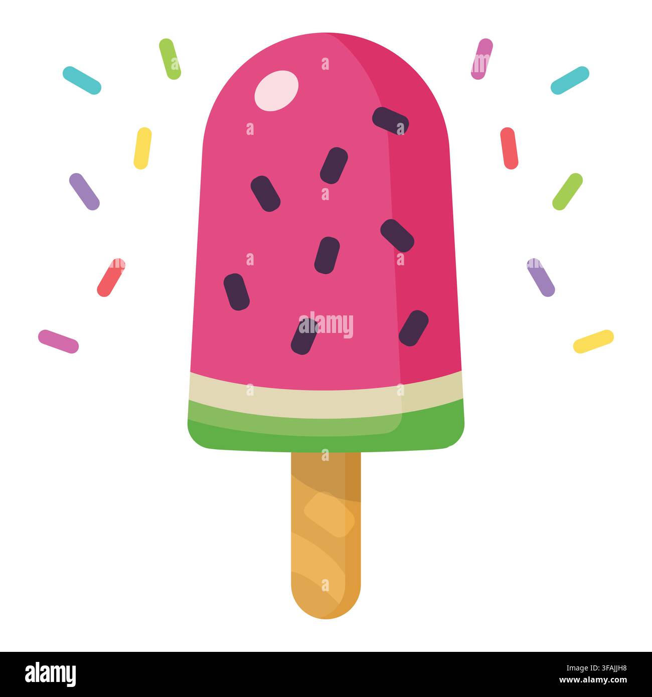 Popsicle rafraîchissant à la pastèque rose et verte sur un bâtonnet en bois entouré de paillettes colorées. Parfait pour les invitations de fête d'été Illustration de Vecteur