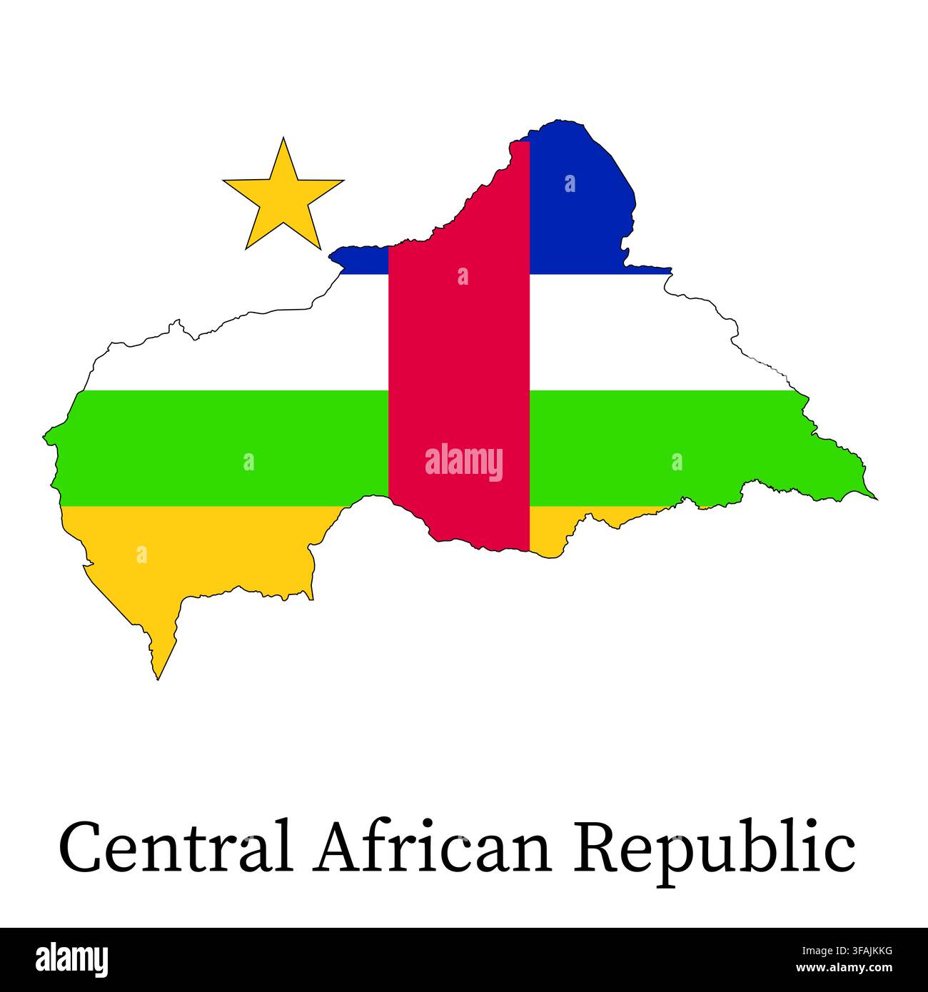Illustration : Carte de la République centrafricaine, découpée dans les couleurs du drapeau du pays sur fond blanc Banque D'Images