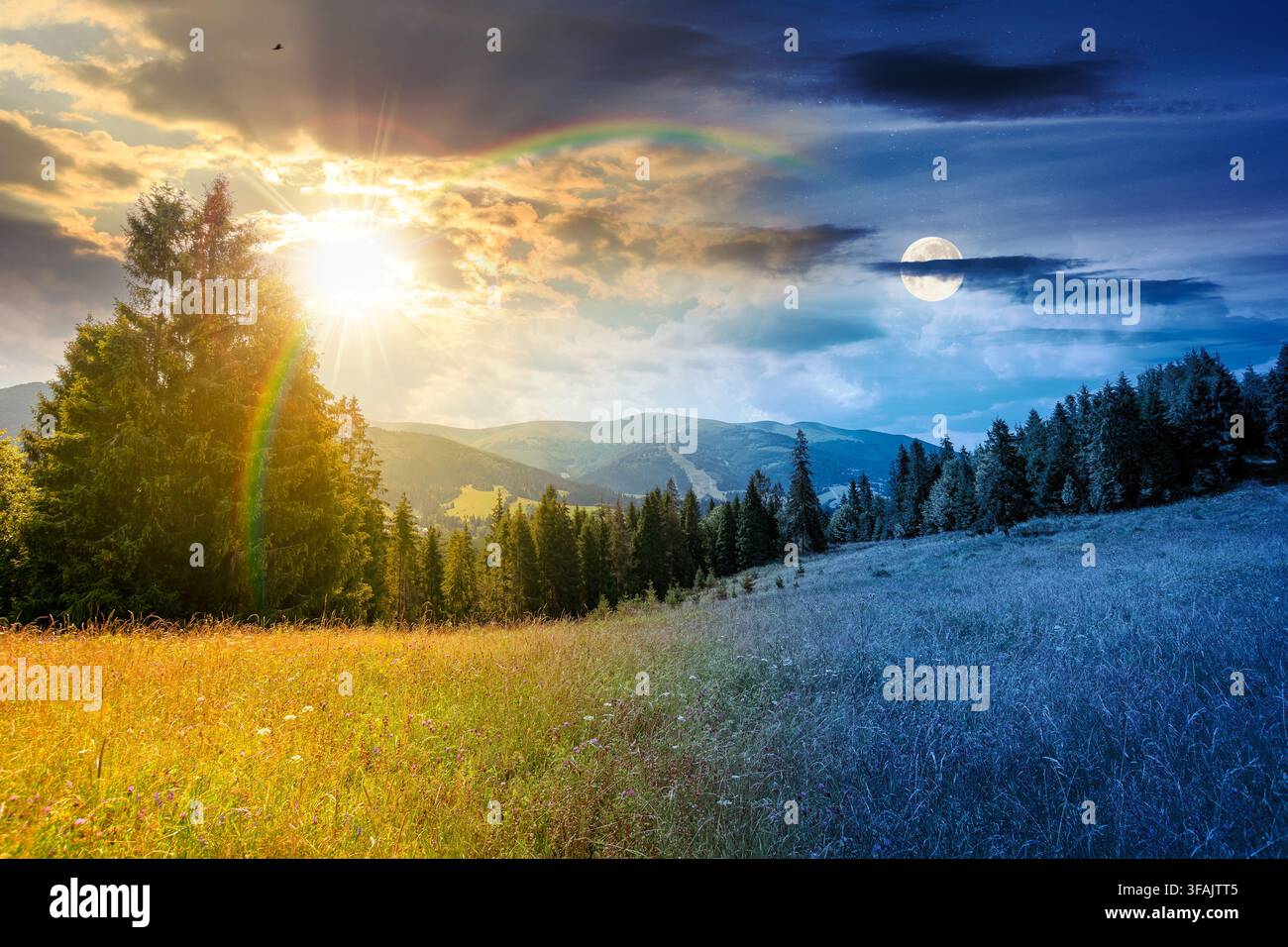paysage montagneux de campagne en été. jour rencontre nuit. soleil et lune sur un pâturage herbeux luxuriant sur une colline près de la forêt. fond d'aventure en plein air rural Banque D'Images