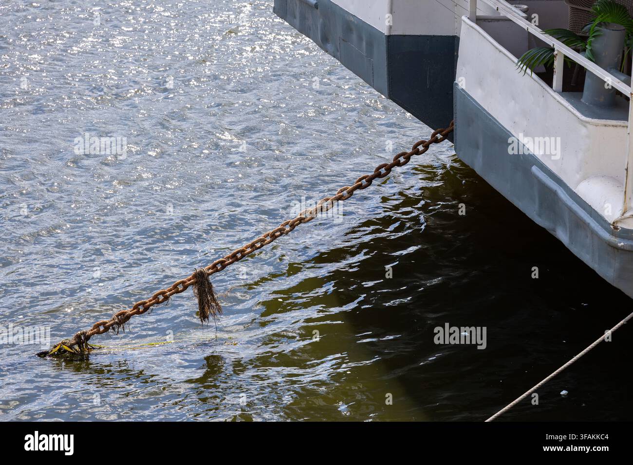 Arrière de navire avec une chaîne rouillée menant à une eau ondulée. Des algues marines reposent sur les maillons métalliques. Une rambarde blanche et grise se trouve au-dessus de l'arrière. Banque D'Images
