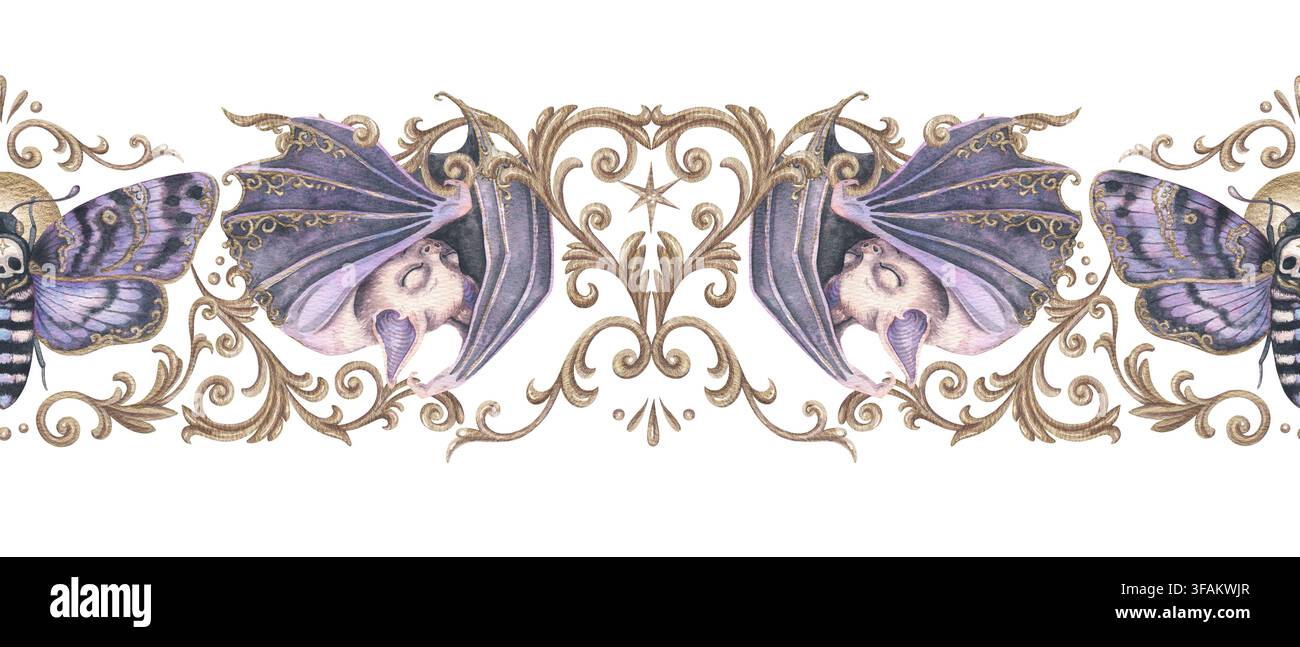 Ornement avec une adorable chauve-souris endormie et une bordure sans couture en filigrane doré. Aquarelle dessinée à la main avec volute baroque dorée et motif victorien. Graphique antique pour design d’Halloween et ruban adhésif décoratif washi. Banque D'Images