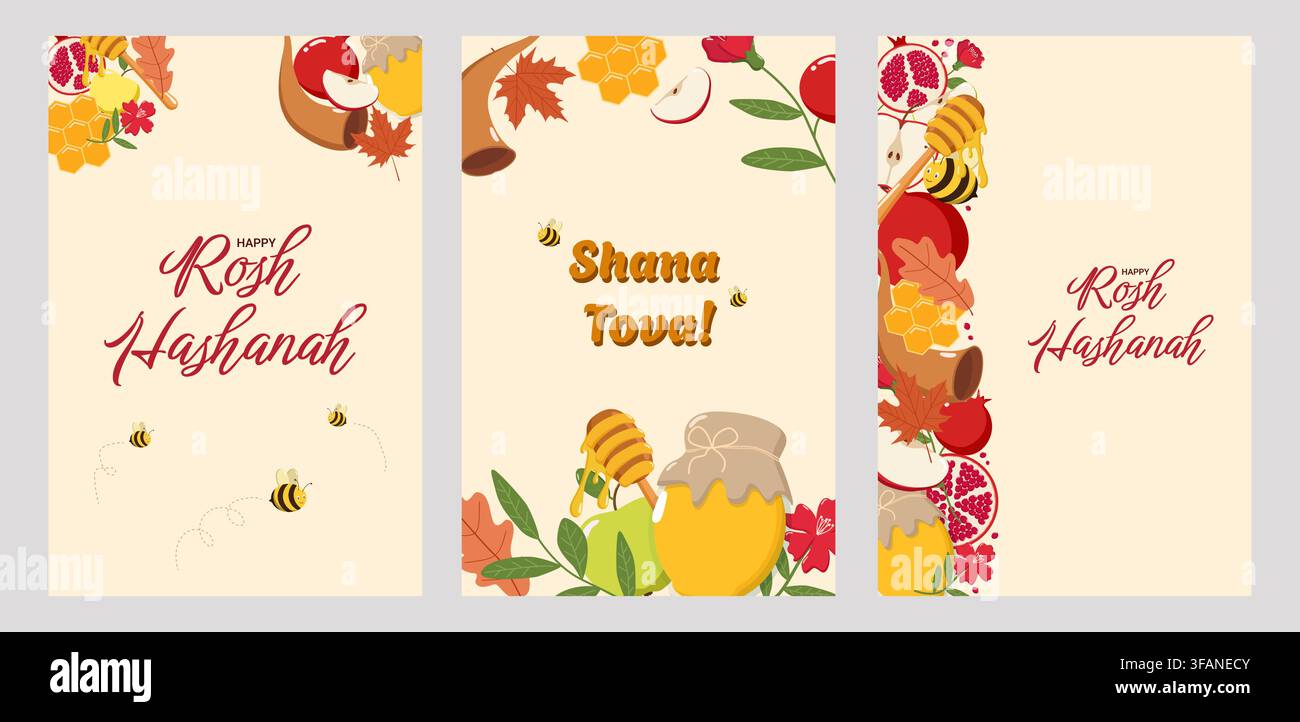 Trois cartes de vœux Rosh Hashanah avec des pommes, des grenades, du miel, des abeilles, un shofar et le texte Joyeux Rosh Hashanah Illustration de Vecteur