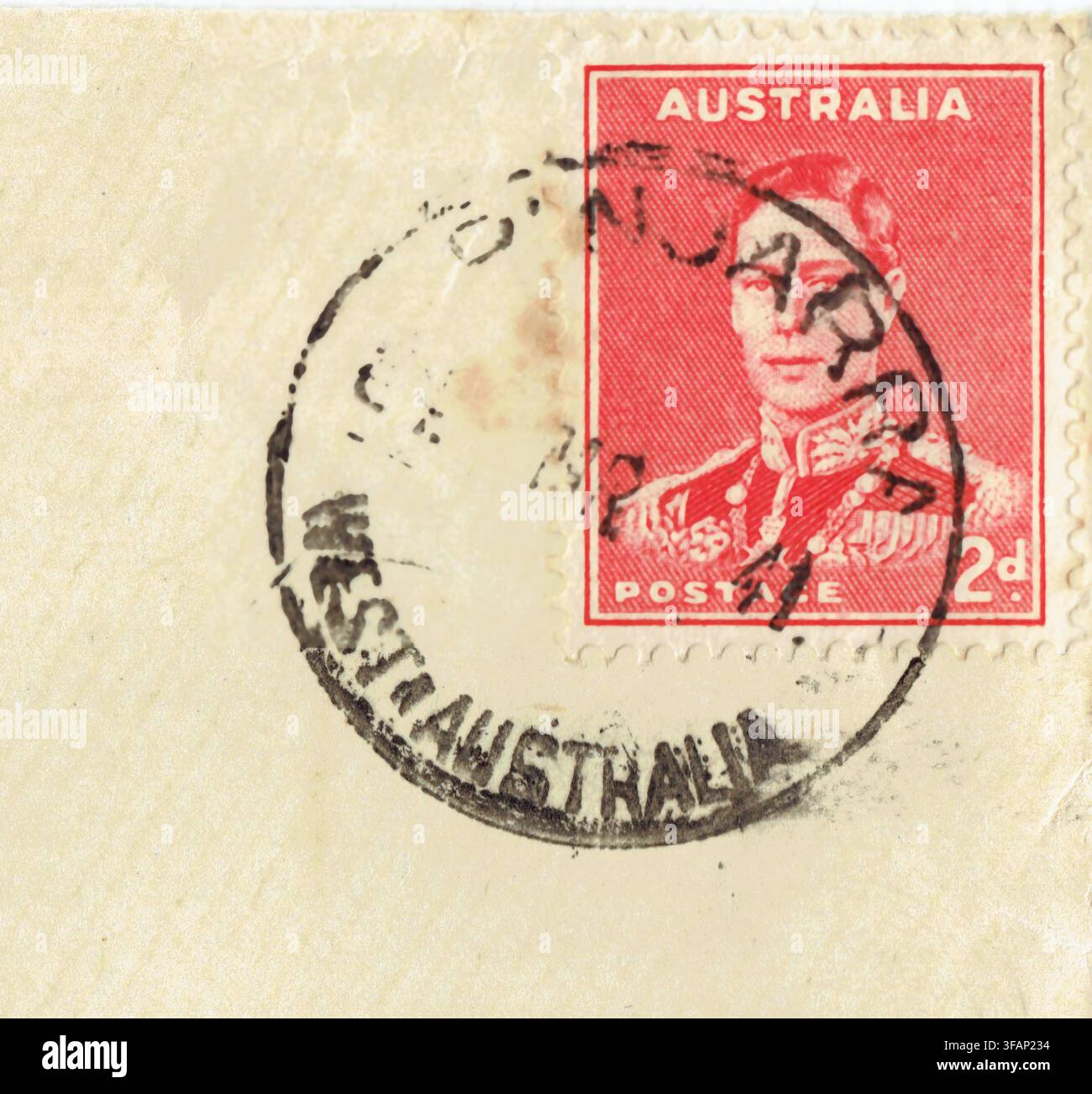 Timbre vintage australien de deux penny du roi George VI, annulation de Pinjarra W.A. Banque D'Images