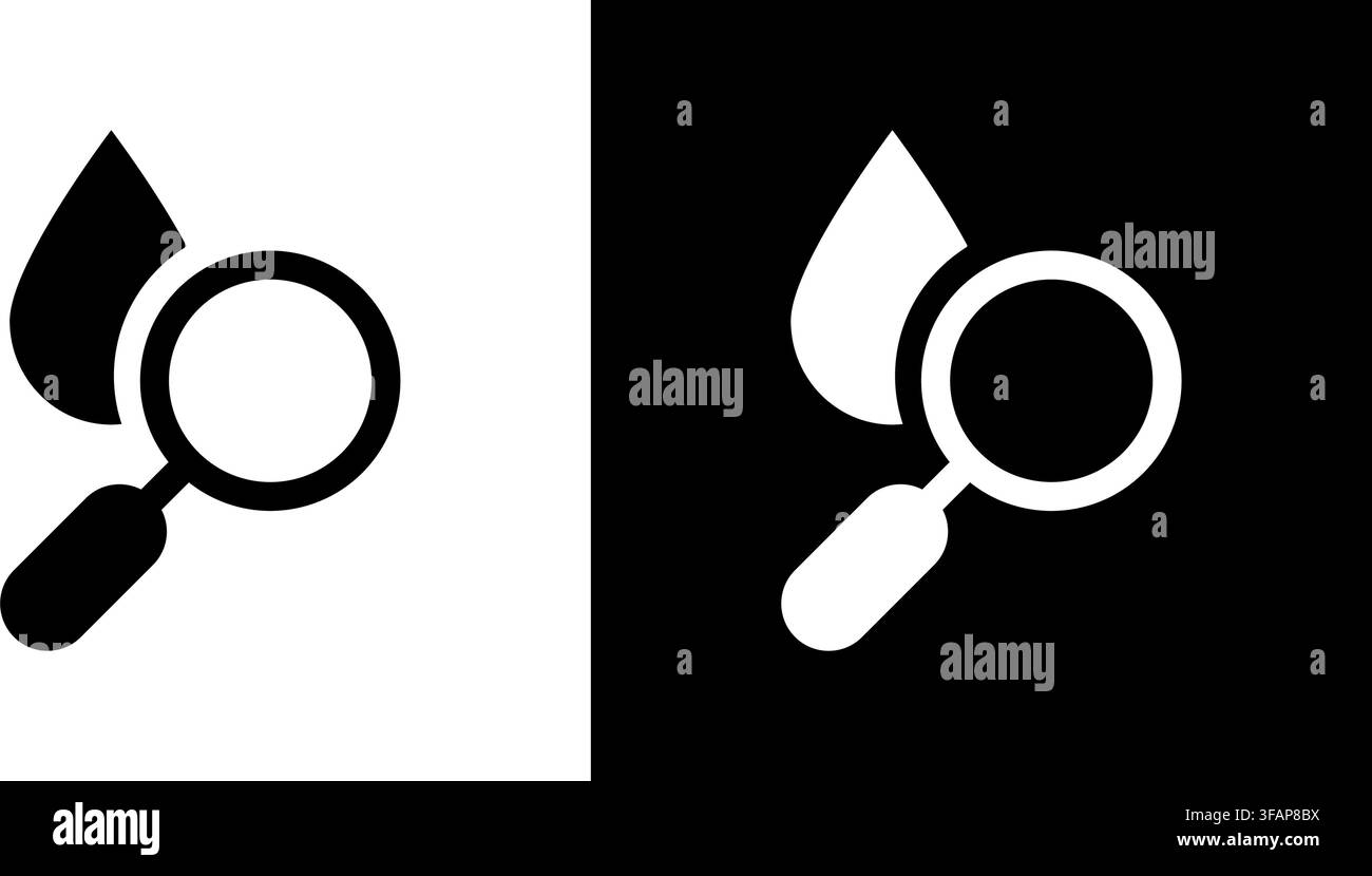 Ensemble d'icônes solides Loupe avec goutte d'eau. Analyse de la qualité de l'eau, examen des liquides et surveillance de l'hydratation Collection de symboles en silhouette Illustration de Vecteur