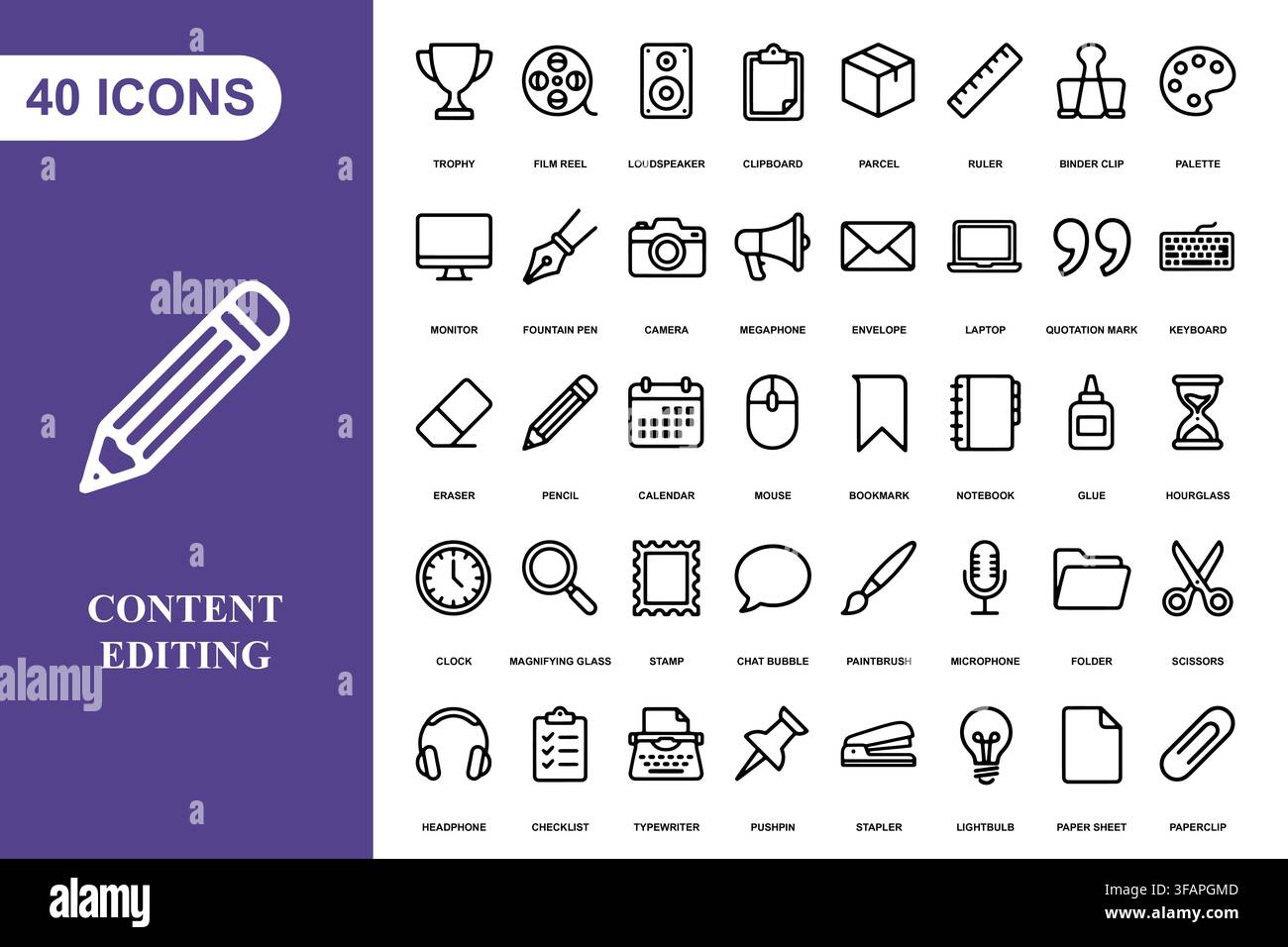 Une collection complète de quarante icônes linéaires pour l'édition de contenu créatif et les tâches de productivité au bureau. Illustration de Vecteur