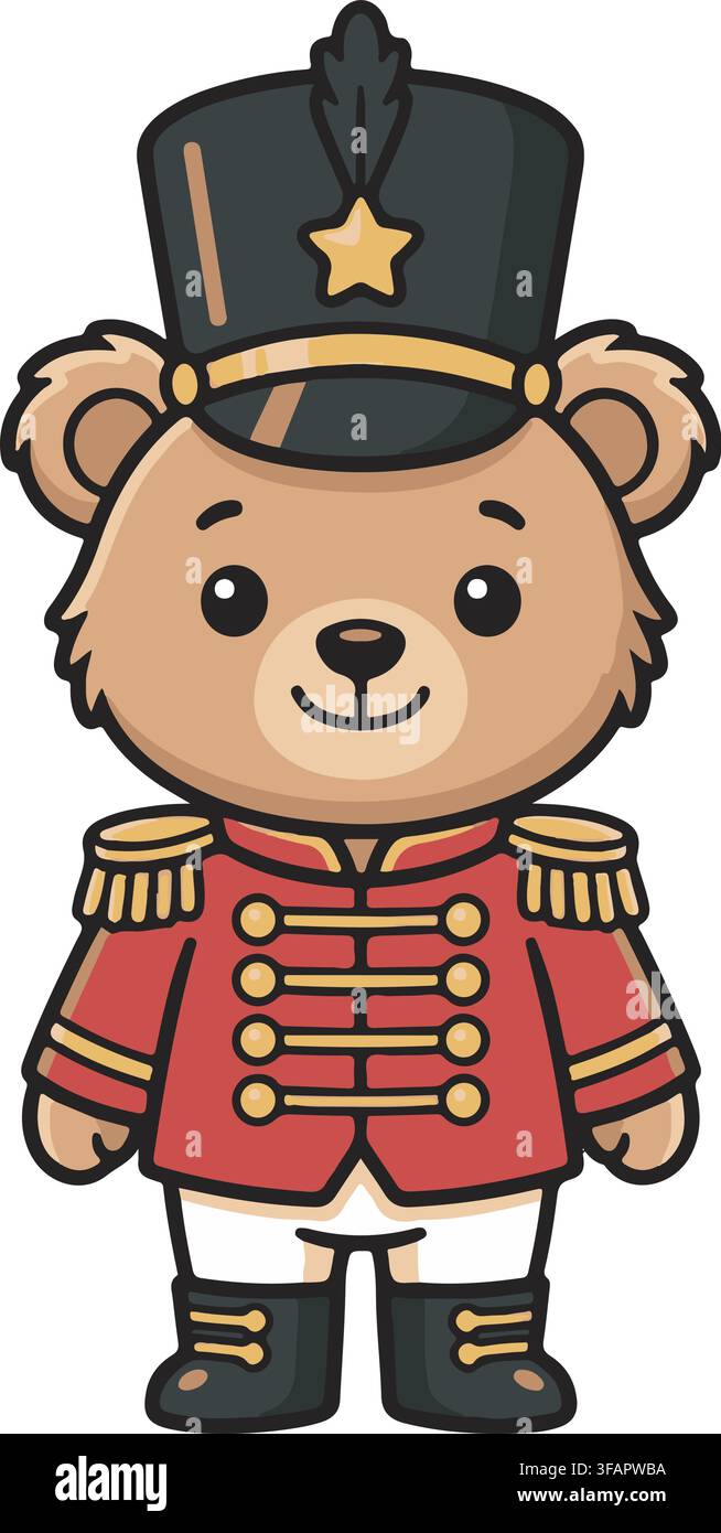 Adorable soldat casse-noisette en forme d'ours en peluche portant un uniforme rouge et un chapeau shako, illustration vectorielle pour les fêtes de Noël, clipart graphique Illustration de Vecteur