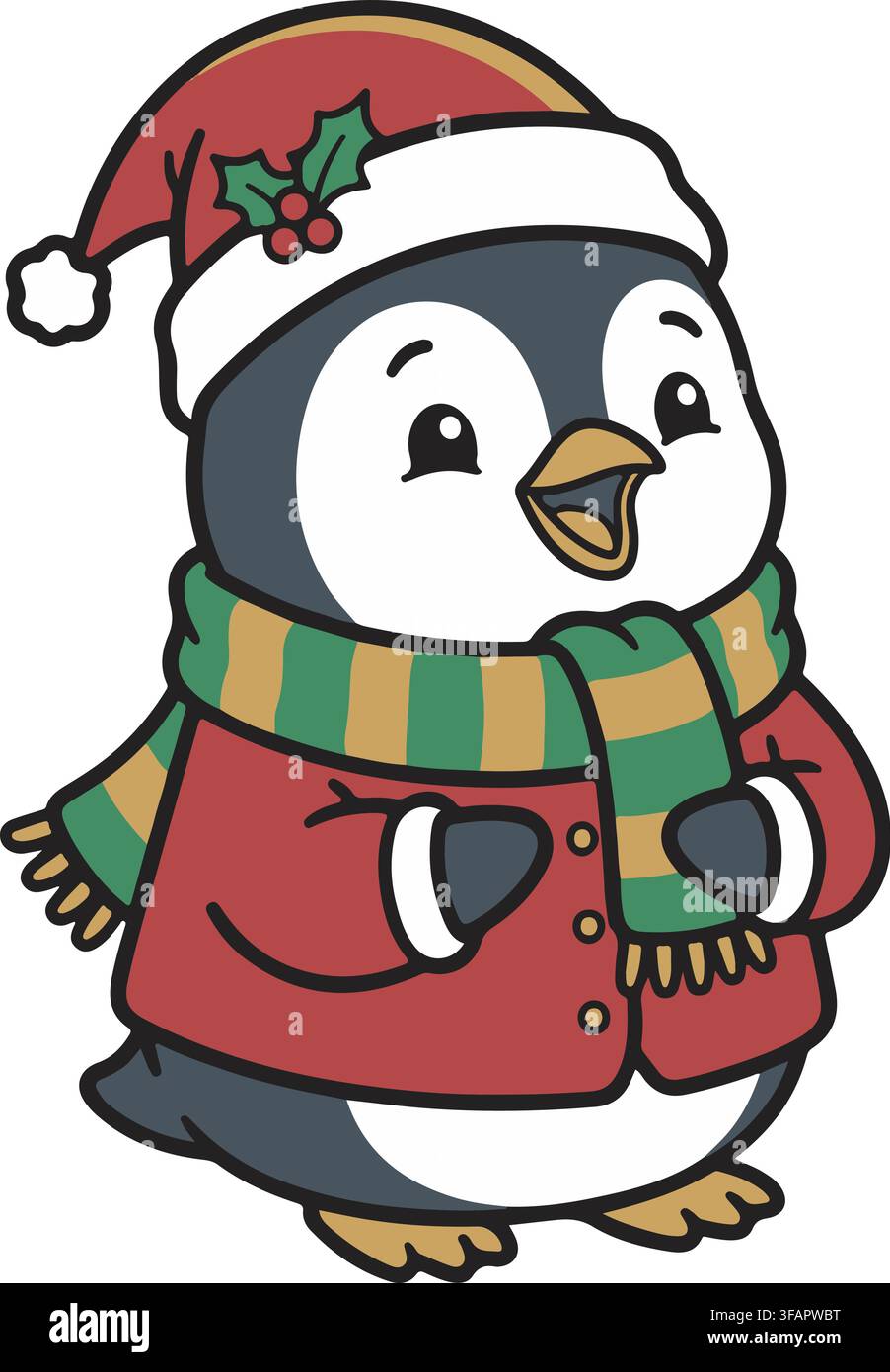 Adorable pingouin bébé portant un bonnet du Père Noël, un manteau rouge et une écharpe rayée, illustration vectorielle pour les fêtes de Noël, clipart graphique Illustration de Vecteur