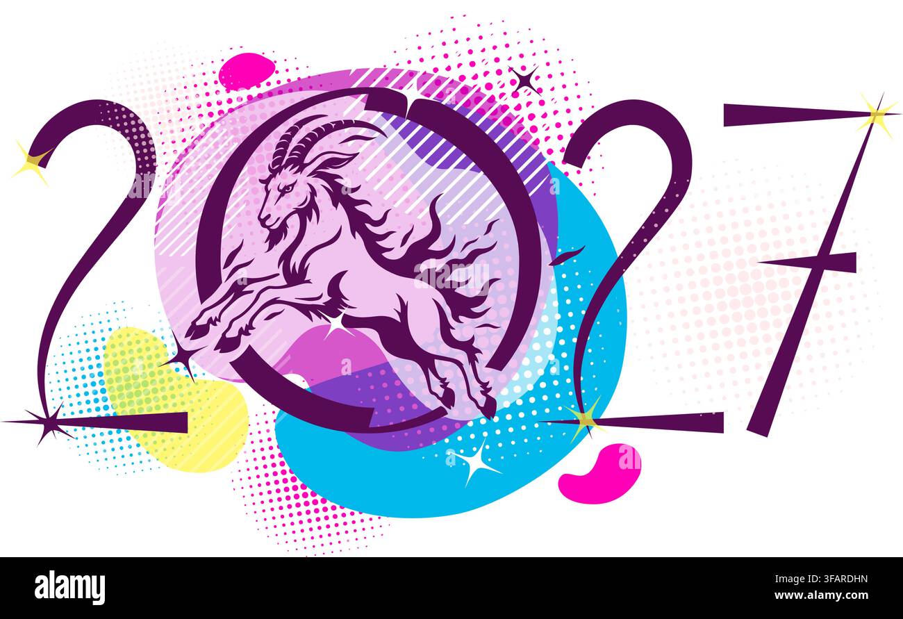 2027 Bonne année année du Bouc. Dessiné à la main. Pas d'IA, illustration vectorielle. Illustration de Vecteur