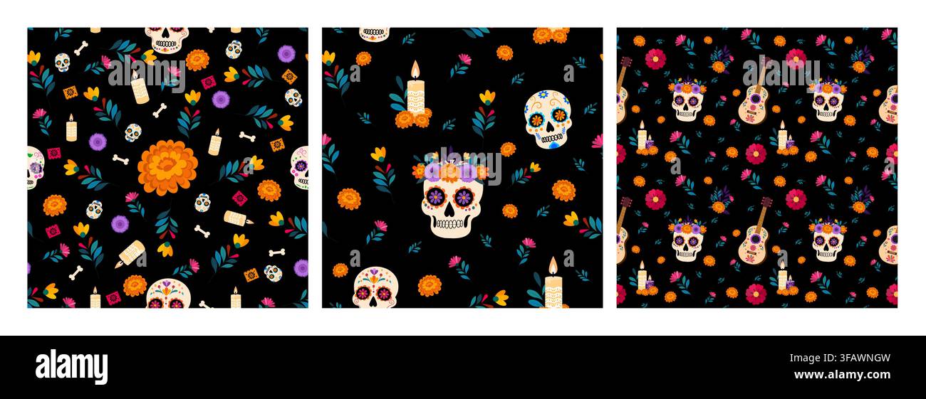 Motif coloré sans couture de style art folklorique avec crânes sucrés décorés, fleurs de souci, bougies, guitares, cœurs et motifs de la fête Dia de Los Muertos Illustration de Vecteur