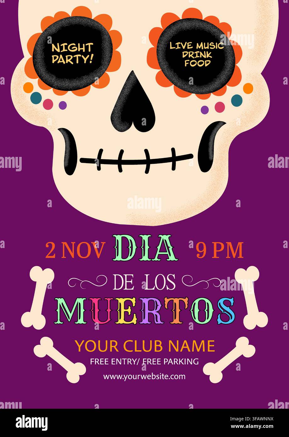 Affiche de fête du Dia de los muertos illustrée avec un crâne en sucre coloré, décoration florale, détails de visage ludiques, divertissement musical, boissons, nourriture, da Illustration de Vecteur