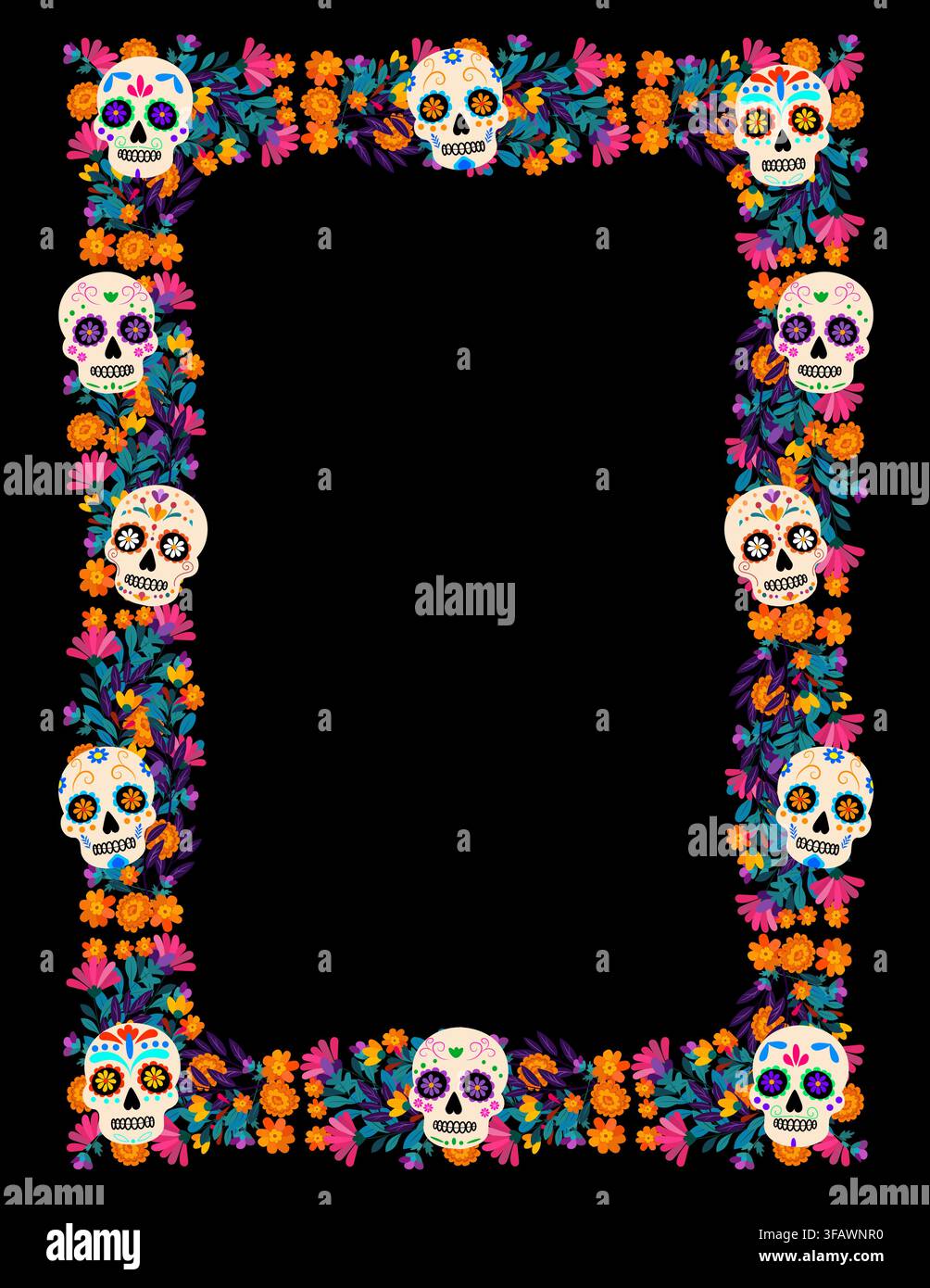 Bordure décorative colorée composée de crânes en sucre peints et de fleurs éclatantes entourant un centre noir vide, design d'art populaire festif avec une flore macabre Illustration de Vecteur