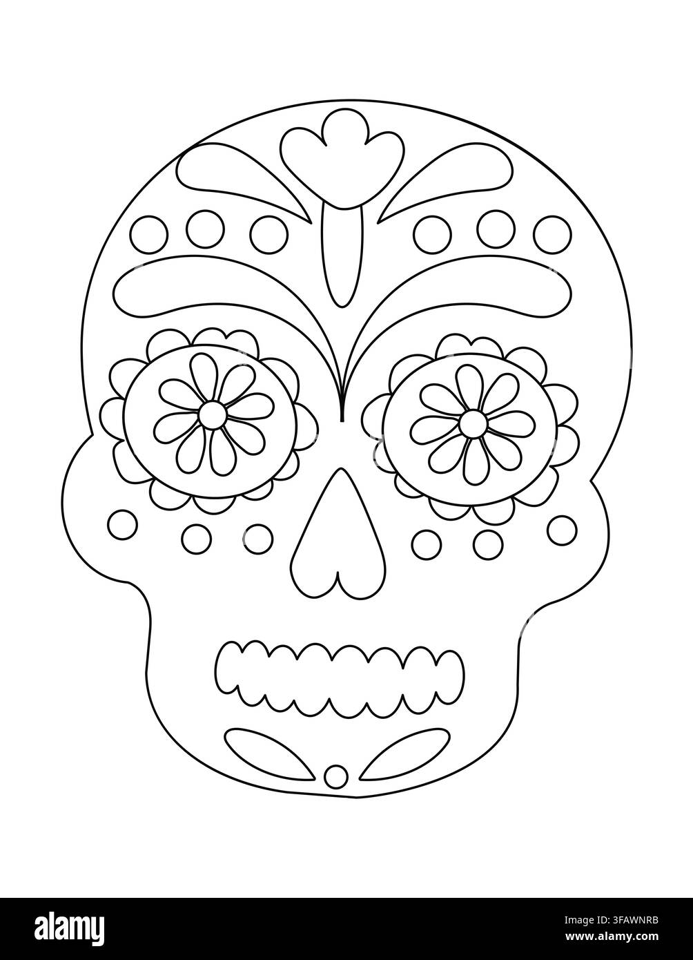 Page à colorier détaillée mettant en vedette un design de crâne en sucre avec des motifs floraux, des formes géométriques et une inspiration traditionnelle du Jour des Morts pour les créatifs Illustration de Vecteur