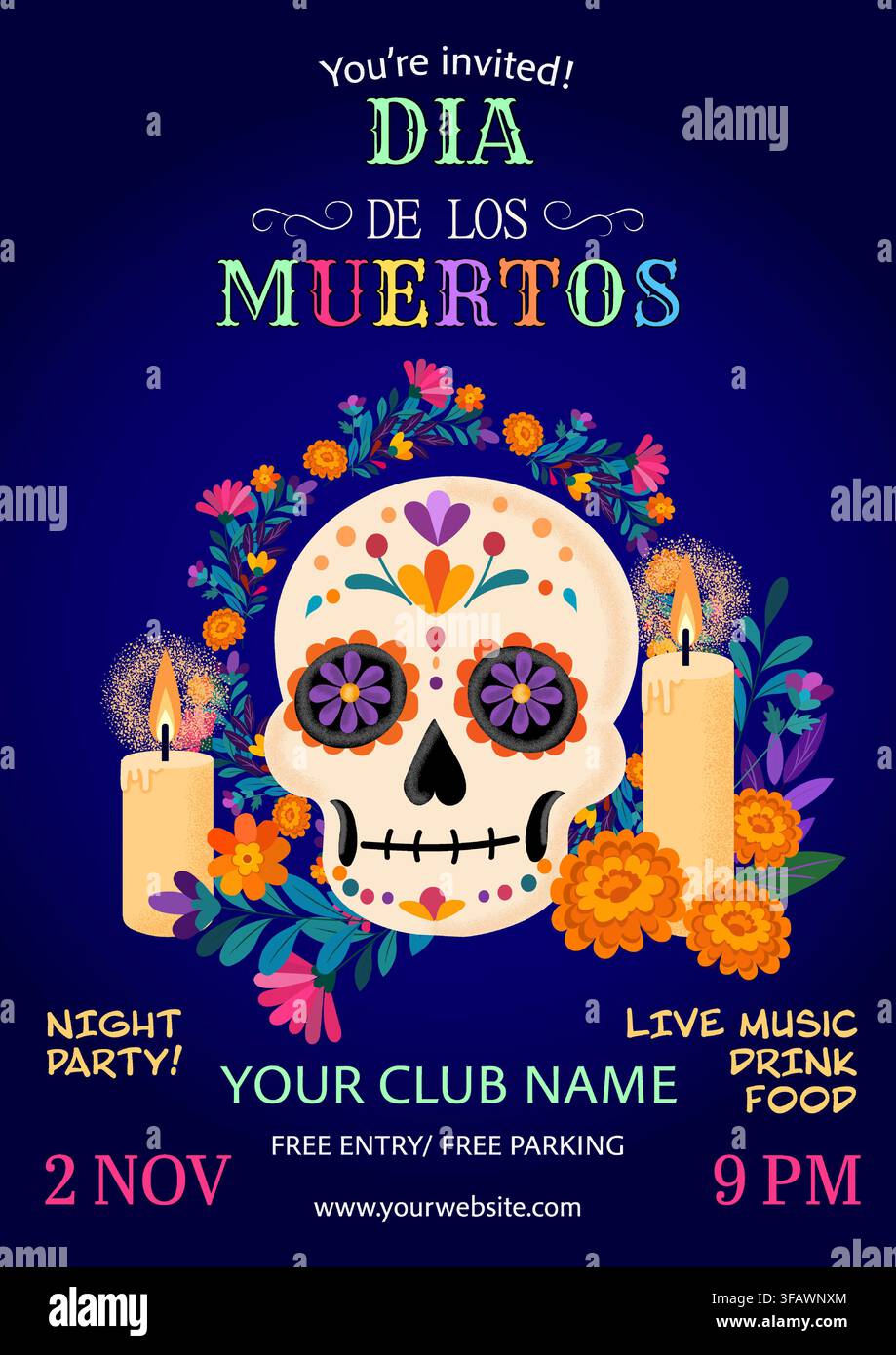 Célébrez les traditions vibrantes et colorées du Dia de los Muertos avec de la musique live, une délicieuse nourriture et une nuit de festivités dans votre club ce mois de novembre Illustration de Vecteur