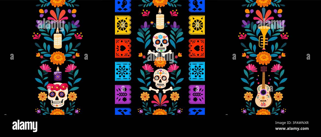 Motif décoratif coloré mettant en vedette des crânes, des fleurs et des éléments musicaux célébrant le patrimoine culturel et l'expression artistique Illustration de Vecteur
