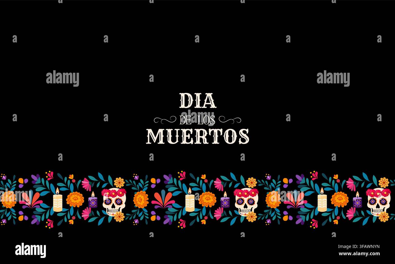 Célébration du Dia de los Muertos : Un hommage coloré à la vie et à la mort avec des crânes en sucre et des décorations florales vibrantes Illustration de Vecteur
