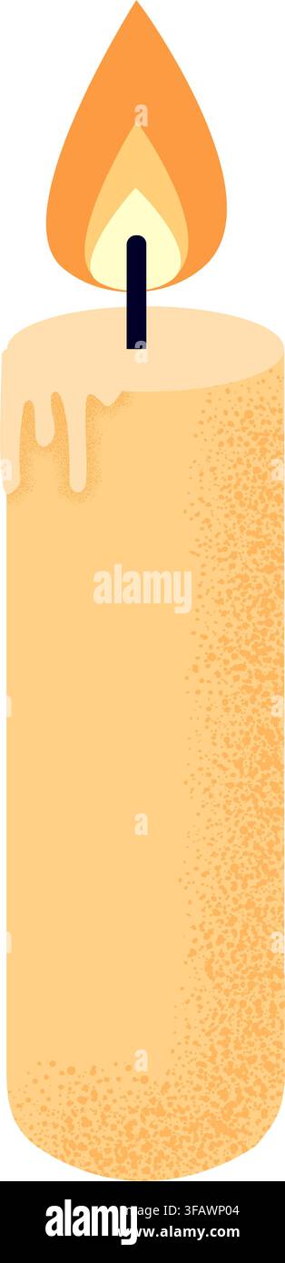 Bougie illuminée minimaliste avec flamme jaune chaude, cire fondue qui dégouline, et design simple isolé symbolisant la lumière, le confort, le souvenir, ce Illustration de Vecteur