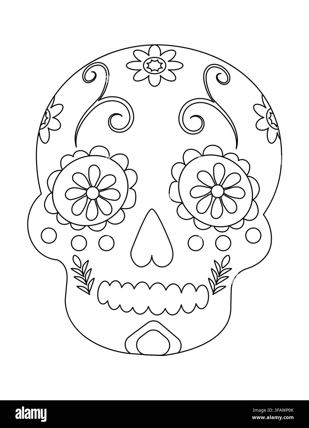 Page de coloriage crâne en sucre complexe et belle célébrant la culture avec des motifs floraux et des designs artistiques pour la créativité et la détente Illustration de Vecteur