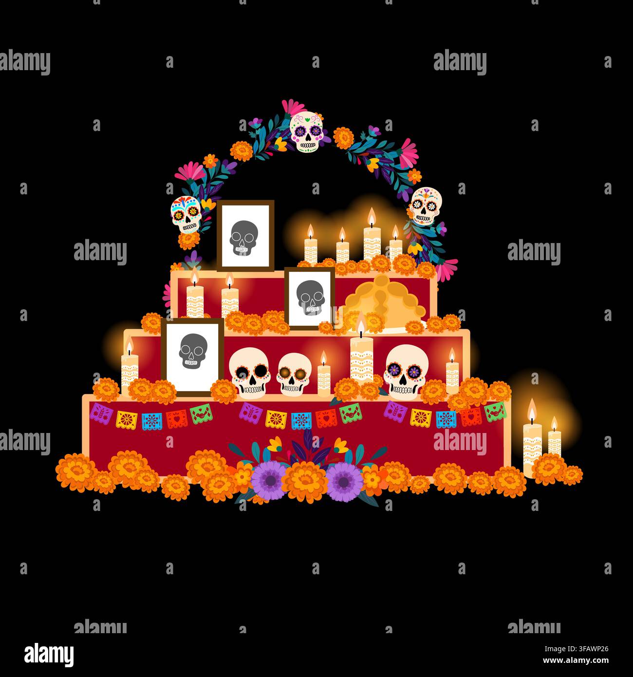 Autel commémoratif mexicain coloré décoré de fleurs de marguerites, de bougies lumineuses, de crânes en sucre, de portraits commémoratifs encadrés, de bannières en papel picado, un Illustration de Vecteur
