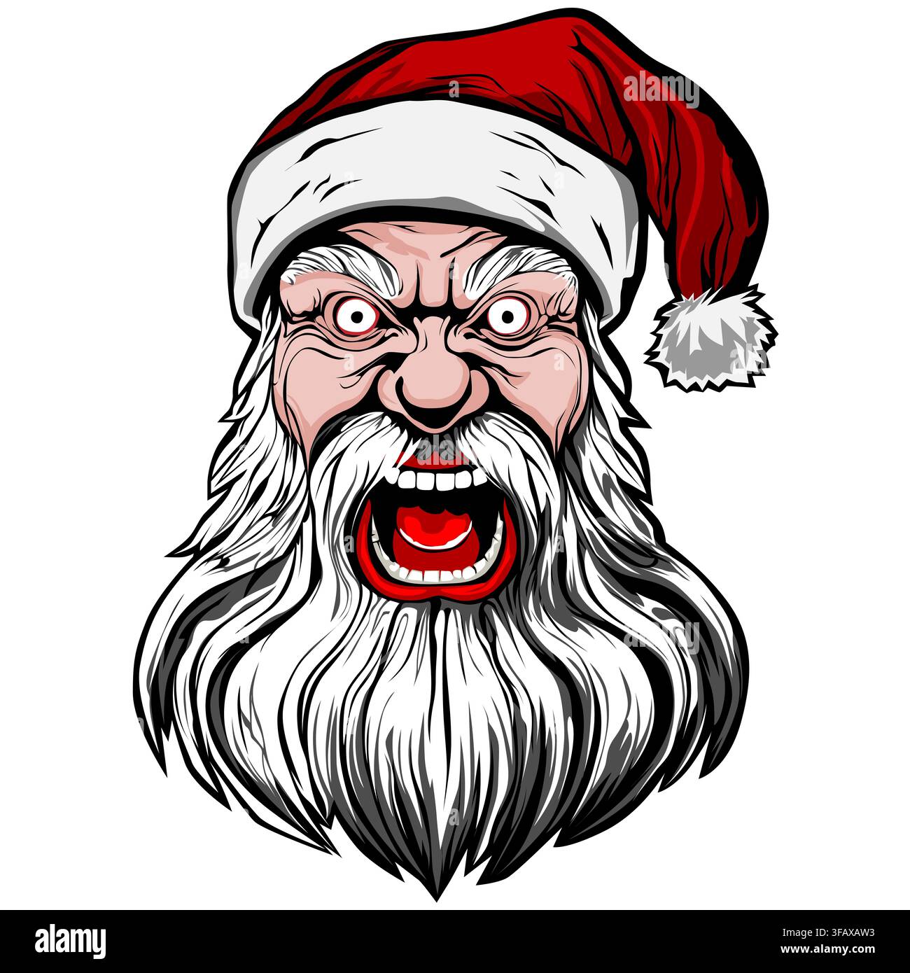 Portrait effrayant d'un Père Noël horrifique avec une expression de cri furieux et un chapeau rouge, illustration vectorielle d'un méchant Père Noël isolé Banque D'Images