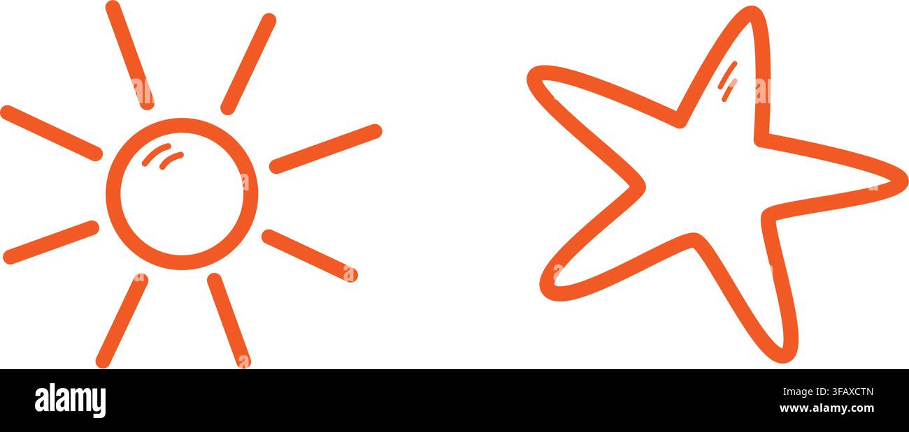 Icônes de gribouillage soleil et étoiles de mer de style orange minimal pour design de plage été méditerranéenne. Illustration vectorielle isolée autocollants, logos, branding de plage, cartes d'été, étiquette ou designs de voyage Illustration de Vecteur