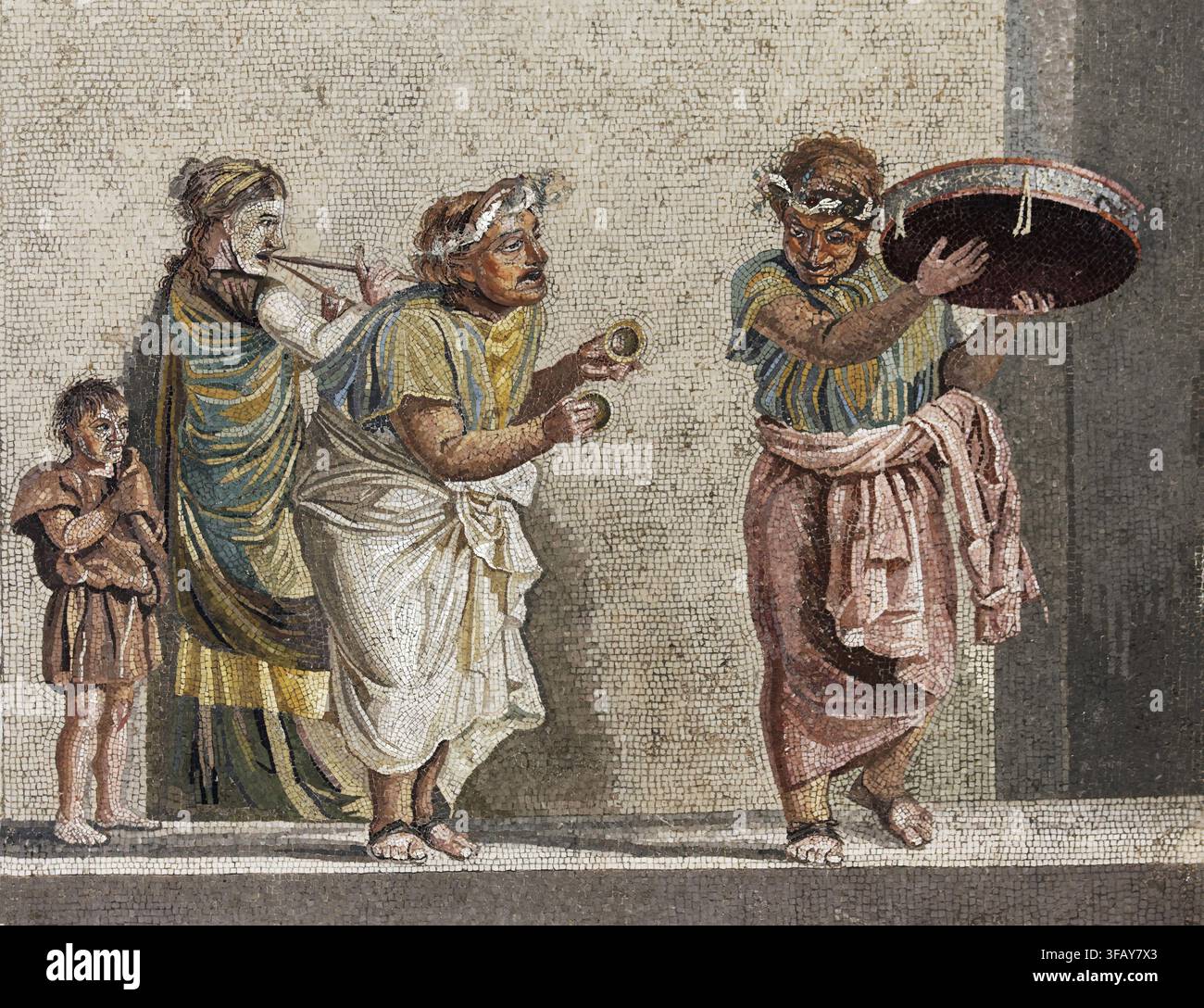 Musiciens de rue romains avec masques, mosaïque colorée de la Villa de Cicéron, Herculaneum, Musée Archéologique National de Naples, Museo Archeologico di Banque D'Images