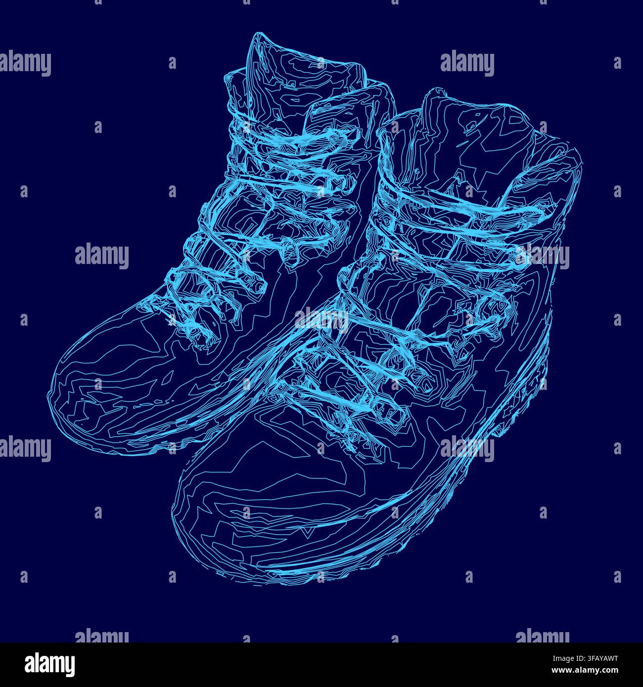 Une paire de baskets bleues de style militaire se détache en contour net sur un fond bleu foncé. Illustration de Vecteur