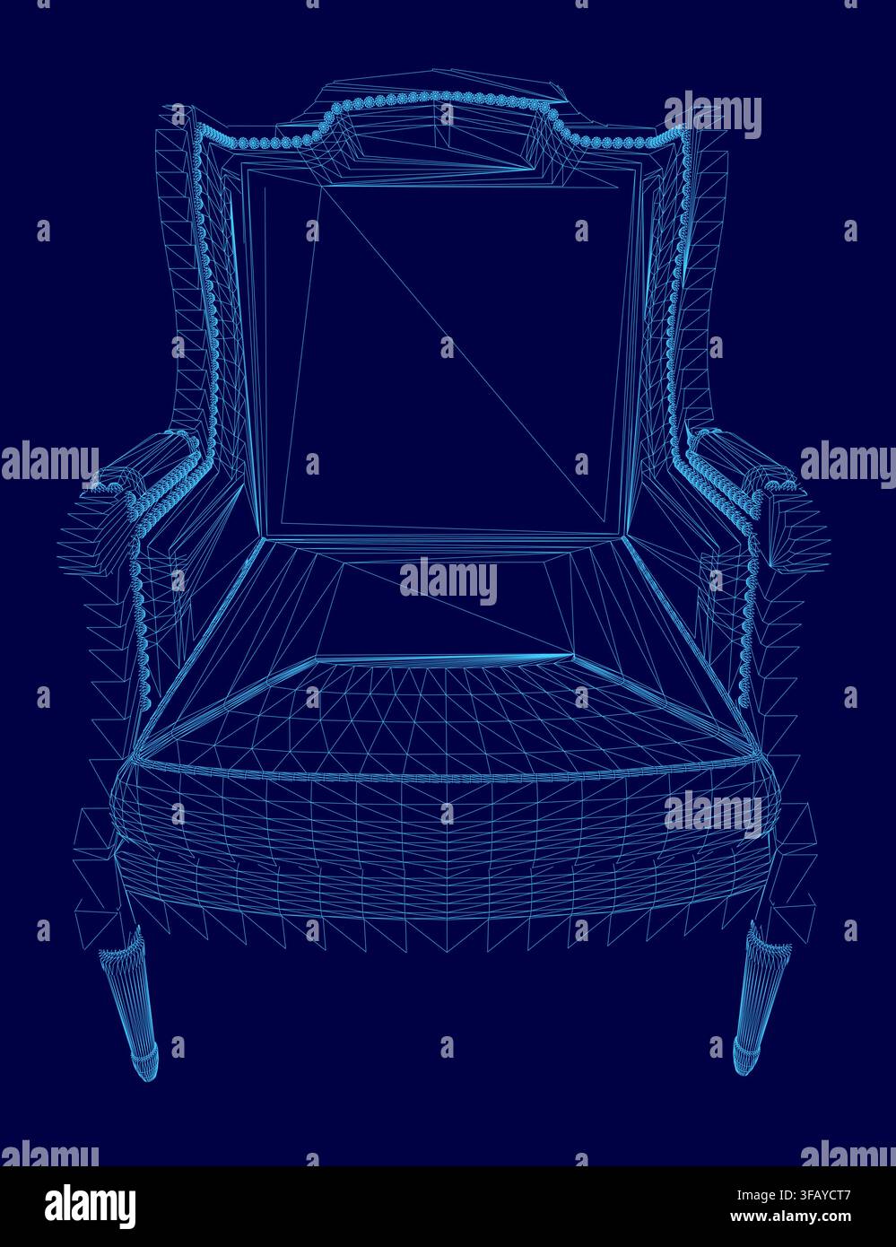 Un fauteuil vintage avec un dossier incurvé luxueux et des accoudoirs ornés se détache sur un fond bleu vif. Ce modèle 3D détaillé inclut un fil Illustration de Vecteur