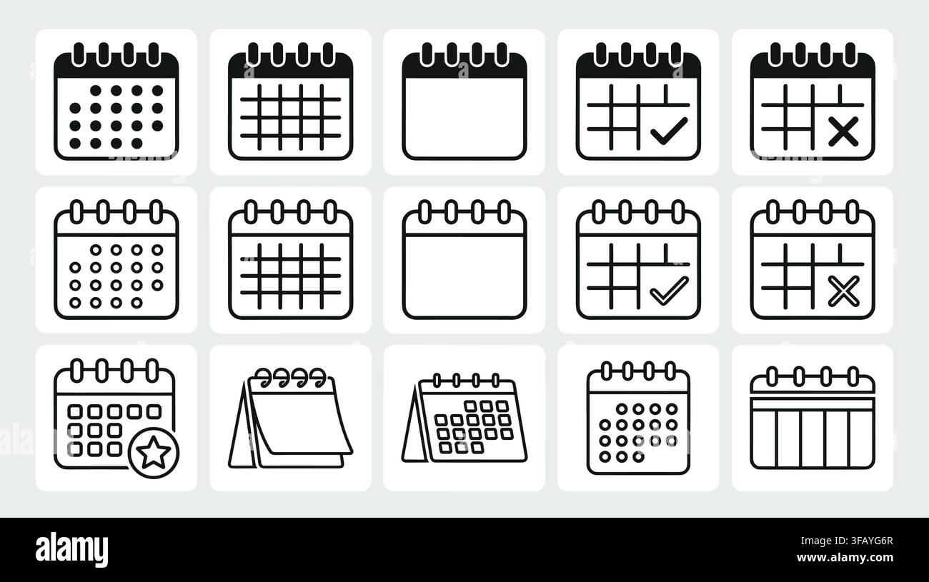 Ensemble d'icônes de calendrier noir et blanc pour la planification et l'organisation des horaires sur fond blanc. Illustration de Vecteur