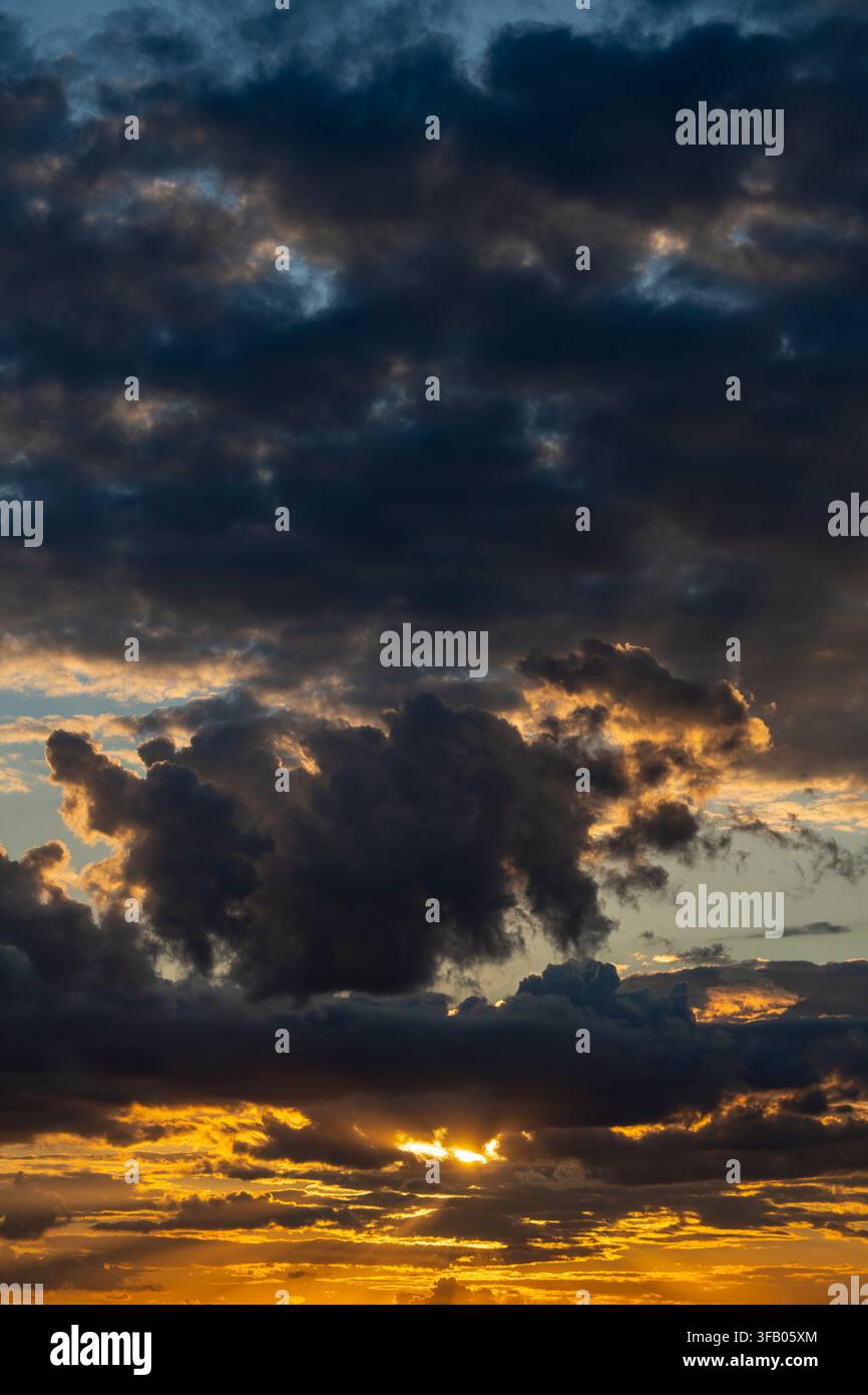 Vue verticale d'un ciel dramatique au coucher du soleil avec des nuages cumulus sombres et des rayons de soleil dorés brillants qui percent. Parfait pour les prévisions météorologiques, conceptuel Banque D'Images