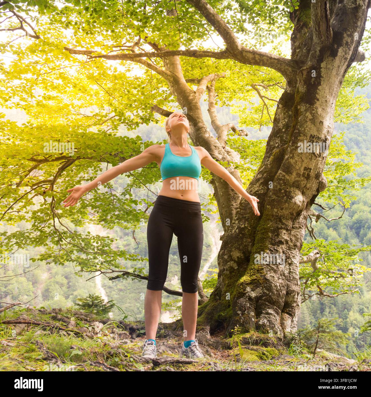 Jeune femme athlétique debout les bras grands ouverts et regardant vers le ciel sous un arbre vert majestueux dans un environnement forestier de montagne pittoresque Banque D'Images