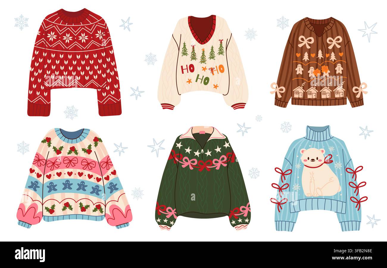 Ensemble de pulls d'hiver mignons avec des motifs festifs Fair Isle et nordiques, des motifs de Noël, des textures tricotées douillettes, des nœuds, des flocons de neige, des arbres, des biscuits de Noël et Illustration de Vecteur