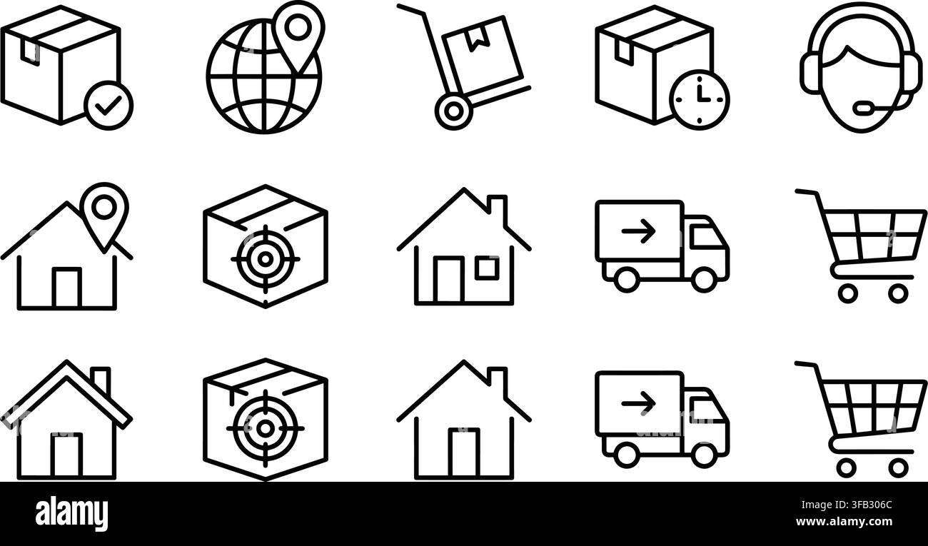 Icônes de contour logistique et d'expédition représentant le suivi des livraisons en ligne et les opérations de traitement des commandes pour les sites Web commerciaux. Illustration de Vecteur