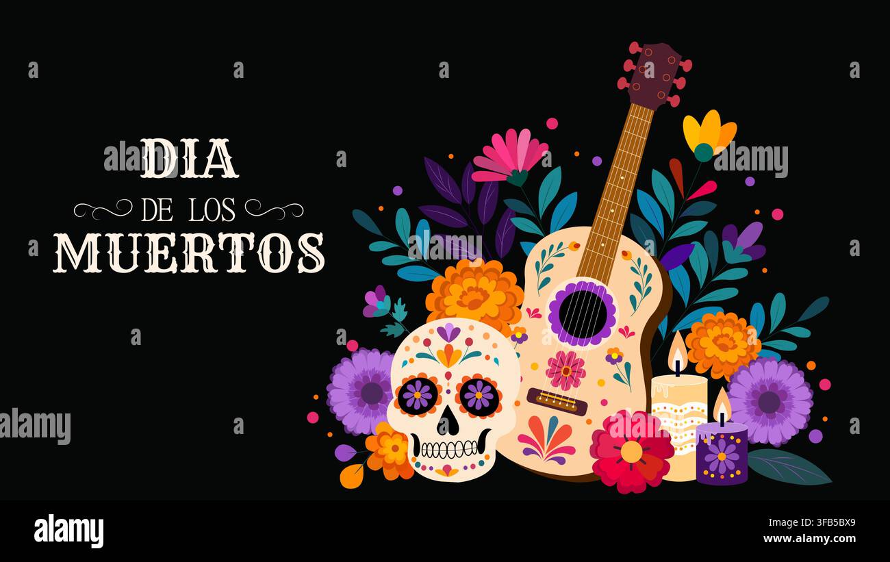 Une célébration vibrante du Dia de los Muertos mettant en vedette des crânes colorés, des fleurs et des instruments de musique qui honorent les êtres chers dans une atmosphère festive Illustration de Vecteur