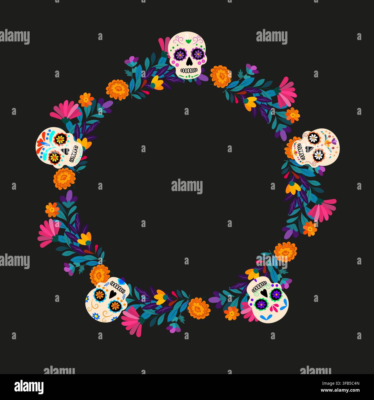 Couronne florale colorée mettant en vedette des crânes décoratifs, symbolisant la célébration et le souvenir des êtres chers dans un style vibrant et artistique Illustration de Vecteur