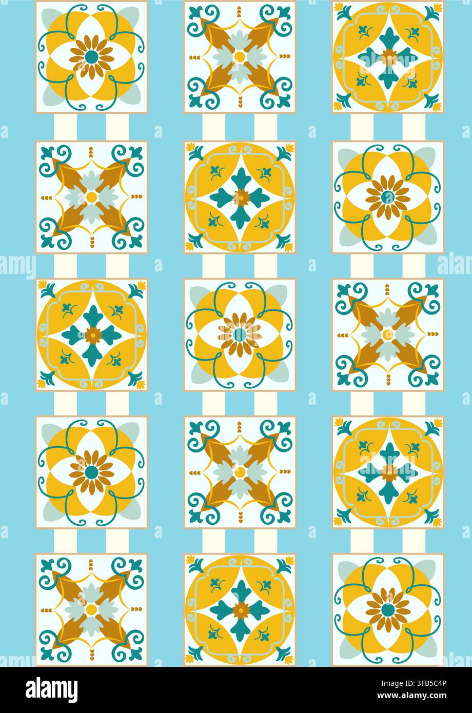 Carreaux colorés à motifs présentant des motifs floraux avec des éléments géométriques complexes et une palette de couleurs harmonieuse de bleus, jaunes et blancs Illustration de Vecteur
