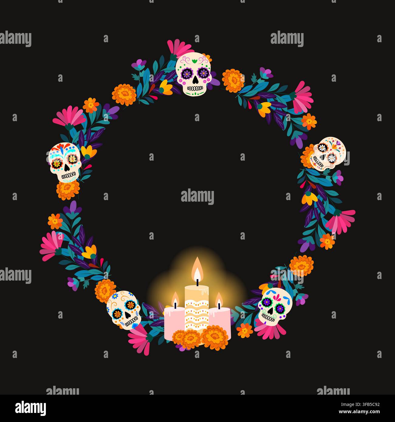 Couronne florale colorée avec crânes et bougies célébrant la vie et le souvenir dans un design artistique créatif Illustration de Vecteur
