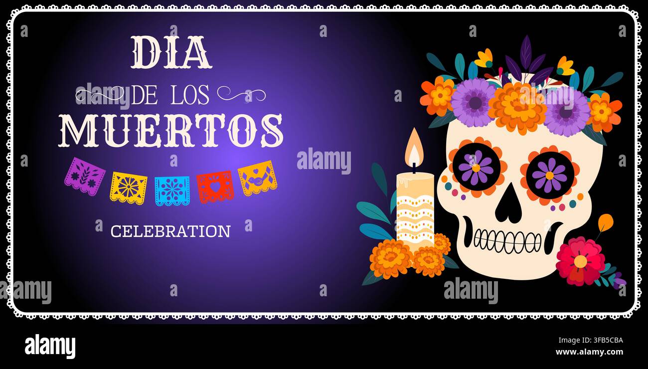 Représentation colorée et artistique du Dia de los Muertos mettant en scène un crâne, des bougies et des décorations vibrantes célébrant la vie et la mémoire Illustration de Vecteur