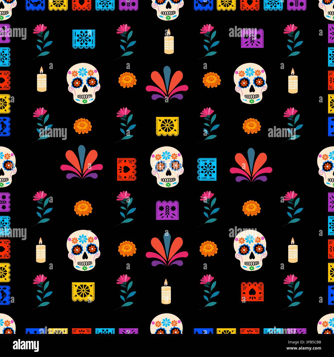 Crânes en sucre colorés et motifs floraux célébrant la vie et la mort avec des bougies dans un design vif et complexe pour les occasions festives Illustration de Vecteur
