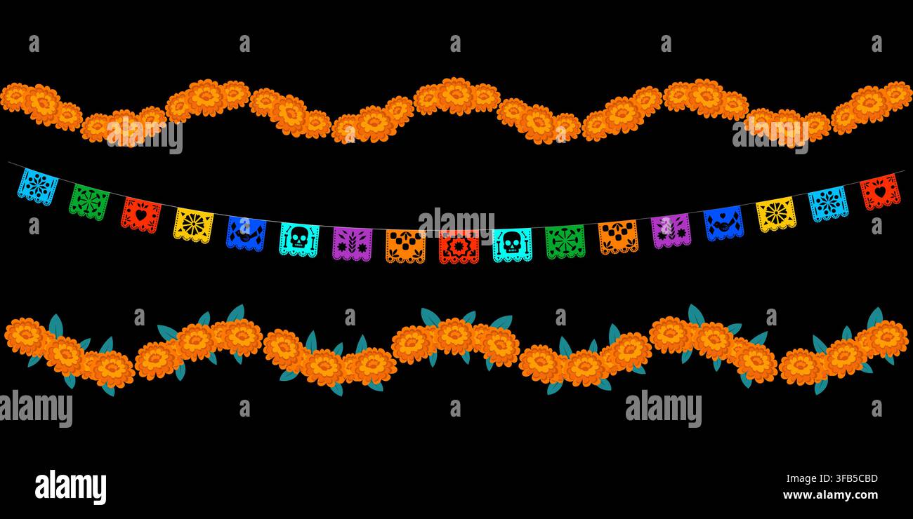Décorations de fête vibrantes avec des bannières en papier colorées et des fleurs vives sur un fond sombre pour des occasions festives Illustration de Vecteur