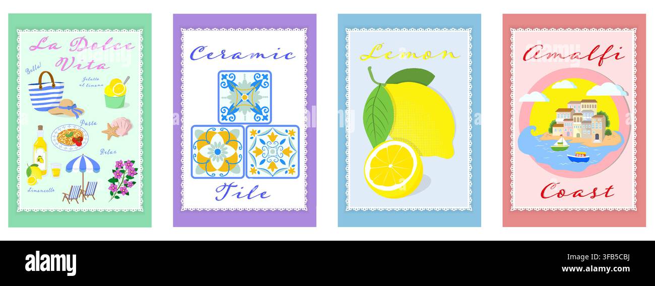 Explorez l'esthétique italienne vibrante à travers l'art illustratif mettant en vedette des céramiques, des citrons et des inspirations de détente côtière Illustration de Vecteur
